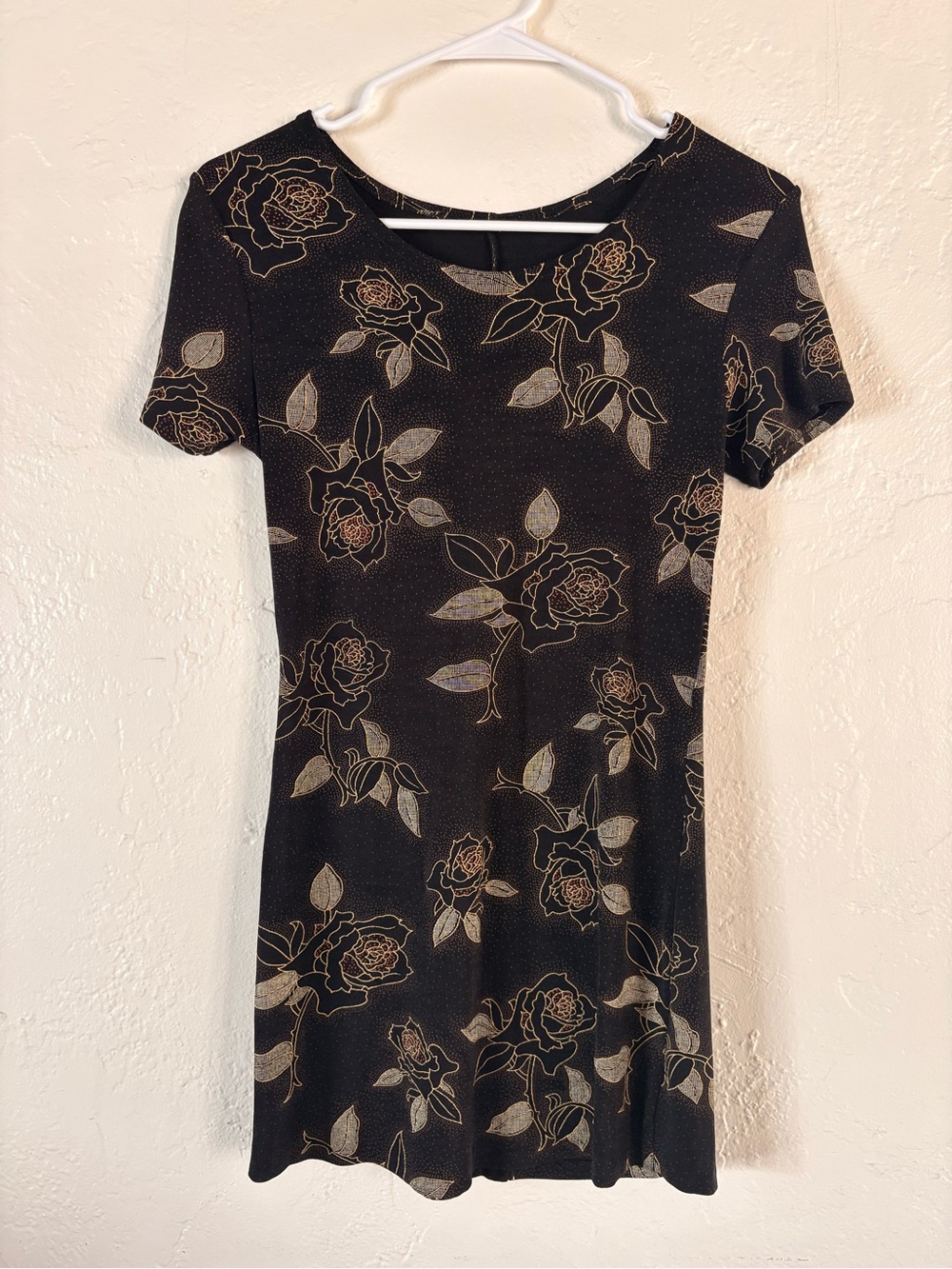 90s Vintage Black Floral Short Sleeve Mini Bodycon Dress
